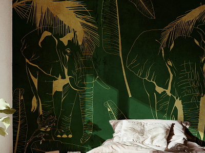 Exotic wallpaper design elephants exotic gold green homedecor illustraion interior design wallpaper wallpaper design