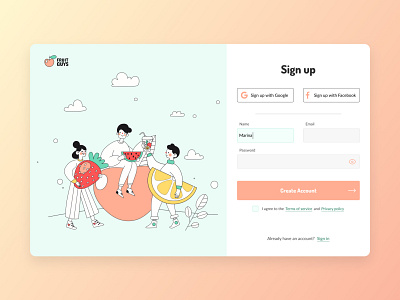 Sign up page daily 100 challenge dailyui dailyuichallenge delivery design flat food fruits illustration signup signup page ui web