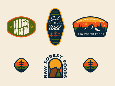 RAW Forest Food Stickers badge badge design branding forest icon illustration logo mountain patch pine tree shane harris sticker stickers trees vintage wilderness