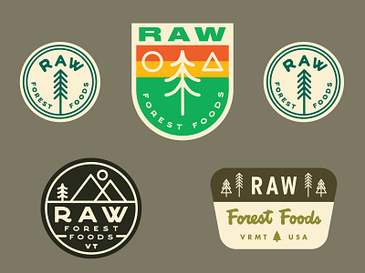 Raw Forest Foods Stickers 1.4 badge badge logo forest logo illustration logo mountains outdoors shane harris shield sticker tree tree logo