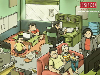 WFH asado animation artwork cartoon comic isometric illustration