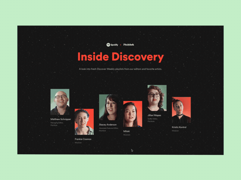Inside Discovery - Spotify x Pitchfork editorial interaction design interactive website stinkdigital