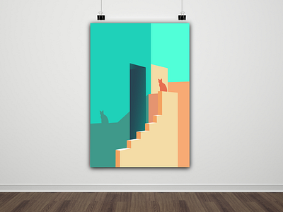 Cat on the Wall adobe animal artwork cat catonthewall flat illustration flatdesign graphic illustration illustrator learning poster stairs wall