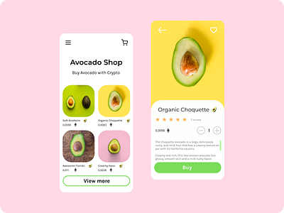 Avocado Shop app application avocado b2c bitcoin blockchain branding cruptocurrency crypto design ethereum fruit marketplace mobile shop ui ux