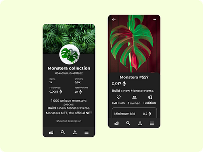 Plant NFT Collection app application blockchain branding cruptocurrency crypto design ethereum leaf marketplace mobile monstéra plant smartcontract ui ux