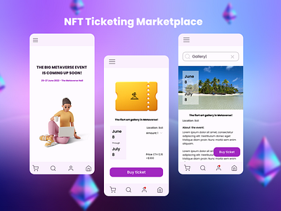 NFT Ticketing Marketplace app b2c blockchain cruptocurrency crypto design event marketplace meta metaverse mobile ui ux