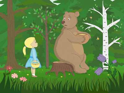 Unexpected meeting bear book illustration debut firstshot forest girl illustration vector vector illustration