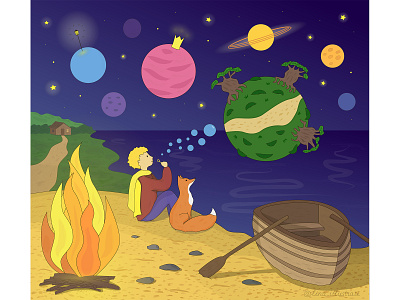 The Little Prince boat book bubbles fairytale fire fox illustraion little prince planets prince vector vector illustration
