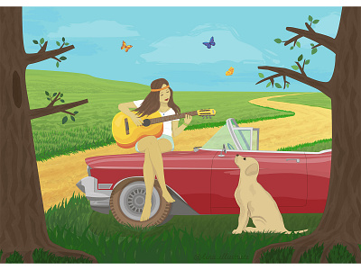 60s butterflies car dog freedom girl guitar hippy illustraion road vector vector illustration