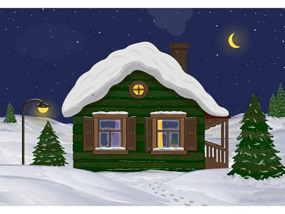 House in the snow adobe illustrator christmas tree home house illustration moon night snow vector vector illustration