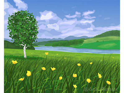 Summer adobe illustrator birch flowers illustration landscape river summer vector vector illustration