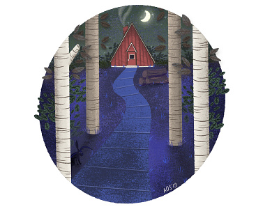 Cabin In The Woods cabin doodle drawing illustration illustrator nature nature illustration night scene no outlines outdoors spot the hidden rabbit texture illustration