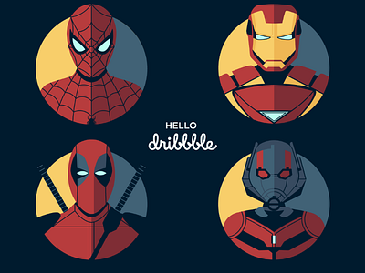 Hello Dribbble! antman deadpool debut design hello dribbble illustration illustrator ironman minimal spiderman superhero