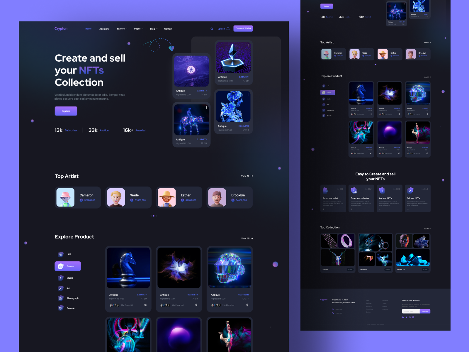 NFT landing page - Dark bitcoin blockchain crypto cryptoart cryptocurrency dark dark theme digital art ethereum marketplace nft nft 3d nft landing page nft marketplace nft ui nft website nfts token web 3