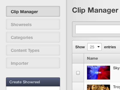 Clip Manager manager navigation sub menu table ui web app