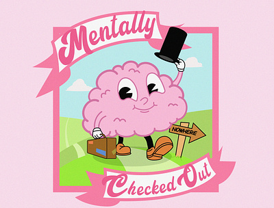 Mentally Checked Out adobe illustrator block bored brain brain dead cartoon character corona designers block had enough hills overworked pink pink aesthetic pinky retro tired vector illustration walking