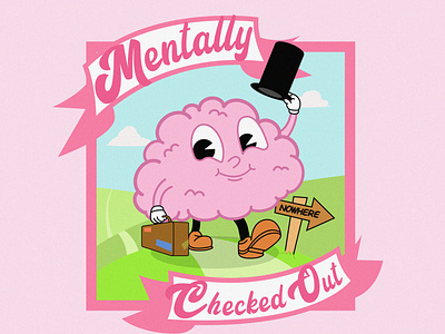 Mentally Checked Out adobe illustrator block bored brain brain dead cartoon character corona designers block had enough hills overworked pink pink aesthetic pinky retro tired vector illustration walking