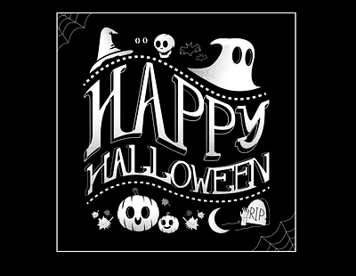 Happy Halloween bats black and white ghost grave halloween halloween design pumpkin skull spider web spooky spooky season typography witches hat