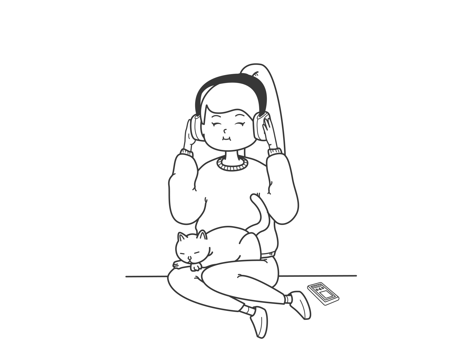 cat with headphones drawing