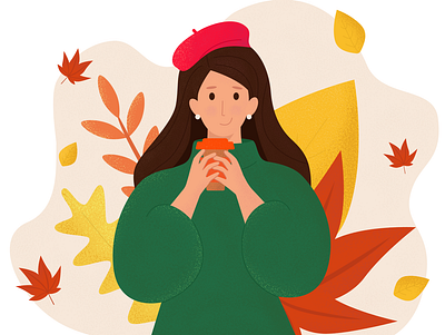 Autumn girl 2d autumn autumn leaves character characters coffee design girl grain illustration people plant texture