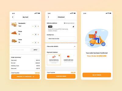 Food Delivery App | Order Process Screens check out delivery app food app food app ui ux food delivery my cart pixidiamond restaurant app