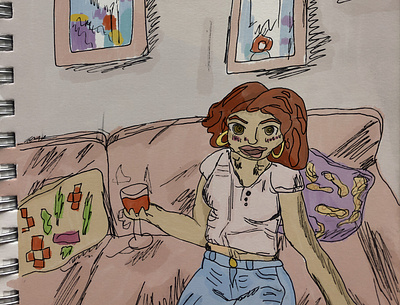Friday Night Wine girl illustration ink mauve pastel wine