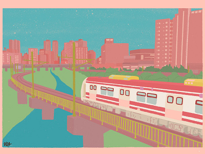 train city illustration pastel perspective pink train