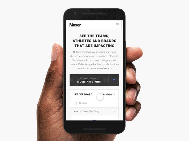 Maxer landing mobile biking board clean dashboard leaderboard minimalistic mountain social sports ui