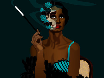 Lady Of The Night african art black girl boa cabaret character design dark skin design feather goth illustration illustrator lingerie roses sexy skull smoke vector