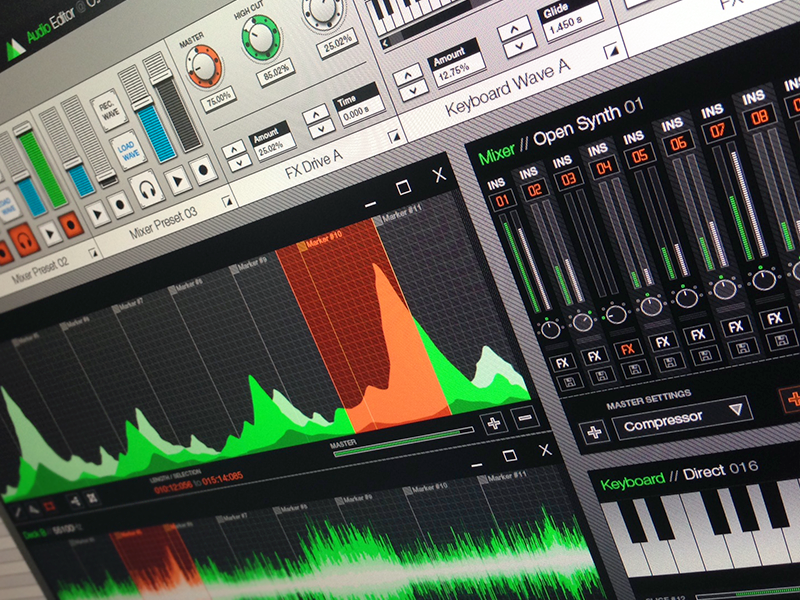 Audio Editor Interface ui ux interface green orange mixer keyboard waves audio editor