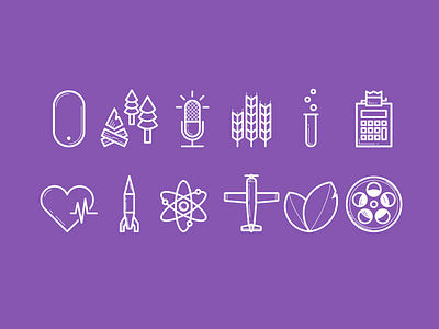 CES Icons atom calculator campfire film reel heart icon illustration microphone plane rocket science wheat
