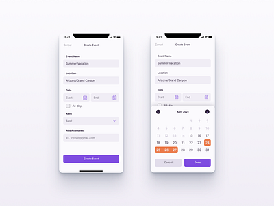 Event Creation calendar calendar picker event event planning form form fields interface mobile planning product product design ui uiux