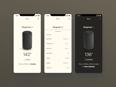 Mug Warmer App app design coffee mobile mobile app mug mug warmer product design settings thermos ui ux user interface