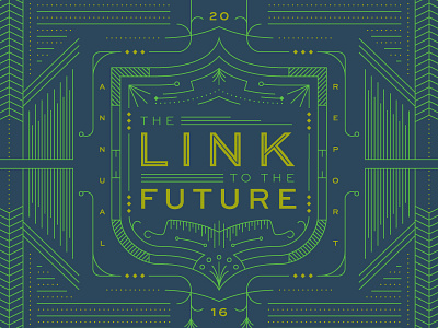 Link to the Future annual report cover editorial illustration line monoline report shield
