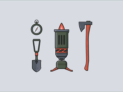 Camping Gear 2 adventure adventuring axe boiler burner camping camping gear compass icons illustration line illustration shovel