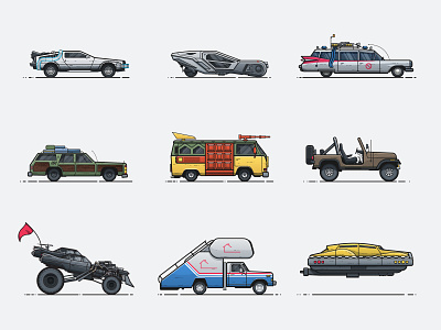 Pop Culture Vehicles blade runner bluth delorean family vacation fifth element ghostbusters illustration macgyver mad max ninja turtles pop culture vehicle