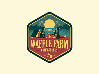 Waffle Farm Campground badge camp camping family fireplace logo moon night retro tent