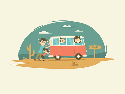 Family Trip car cartoon family illustration landscape van