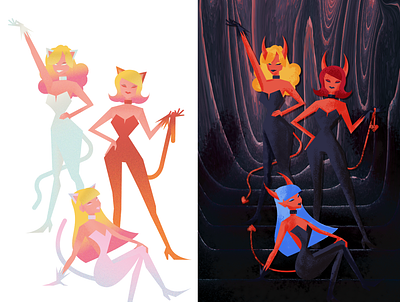 Diva's catsuit colorful devils girls graintexture groep illustrator