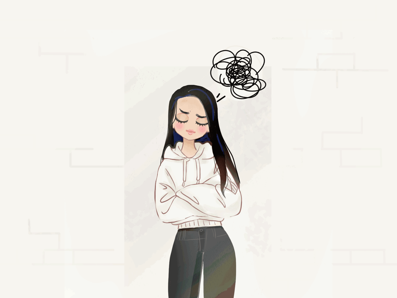 Thinking about.... animation beige girl girl character hoody minimal photoshop sandcolor thinking wall