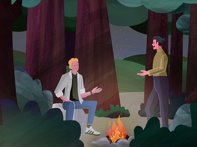 Chit chat in the woods campfire cozy forest green men nature nighttime photoshop talking wood