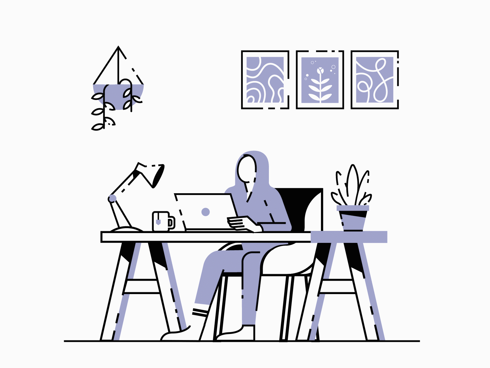 Happy busy monday animation crook desk gif leaf lila lineart minimal onesie painting plants purple sipping working workplace
