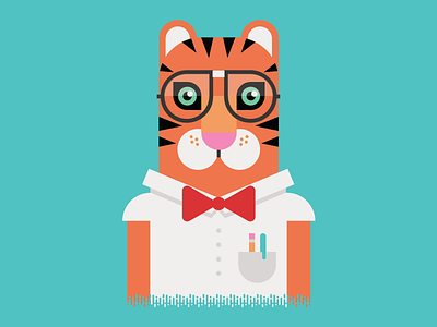 The Scholar 2d animal bowtie cartoon flat glasses illustration nerd pencils pocket protector tiger