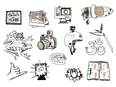 School of the World icon set frog gopro hand drawn illustration photography radical shaka spanish surfing yoga