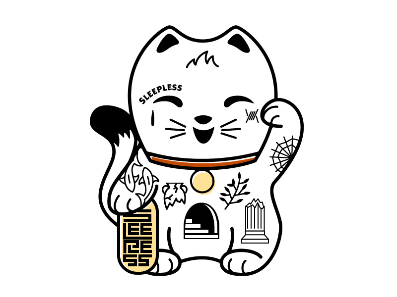 Lucky Cat streetwear tattoo sleepless graphic tee illustration lucky cat