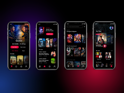 Online cinema app main pages dark ui films mobile app movie app online cinema ui ux web design