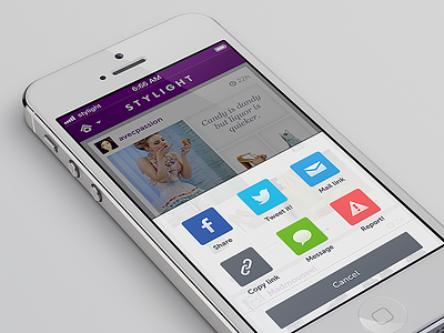 STYLIGHT iPhone App Action Sheet action sheet app application board boards fashion followers following overlay purple share style stylight white