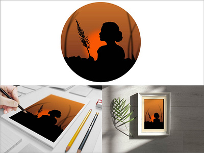 Girl with Catkins at sunset catkins design illustration sunset