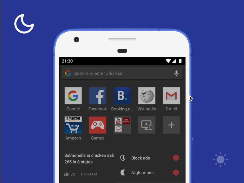 Night mode in Opera browser android animation framer material design mobile night mode