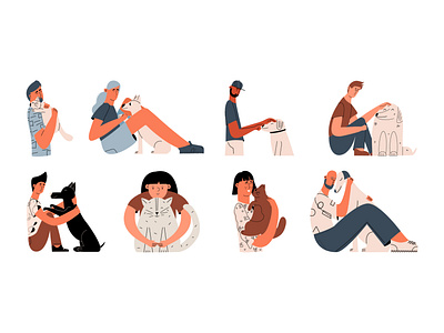 Favorite pets with their owners animal canine character concept dog doggy emotional esa female flat design graphic design human illustration male man people pet set suppot woman